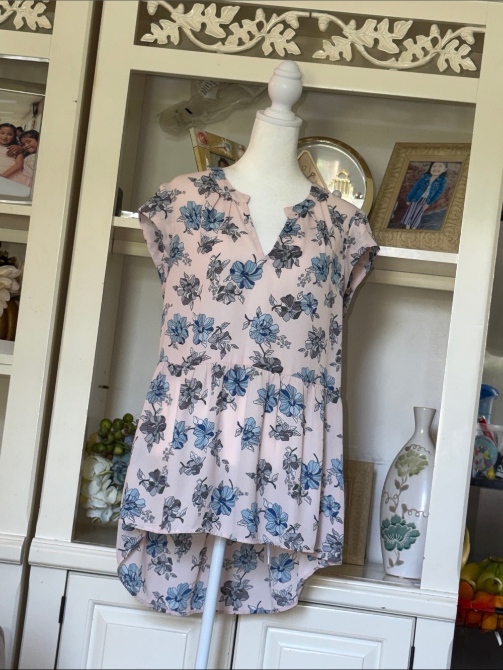 DR2 Pink Floral High-Low Blouse with Blue Flowers